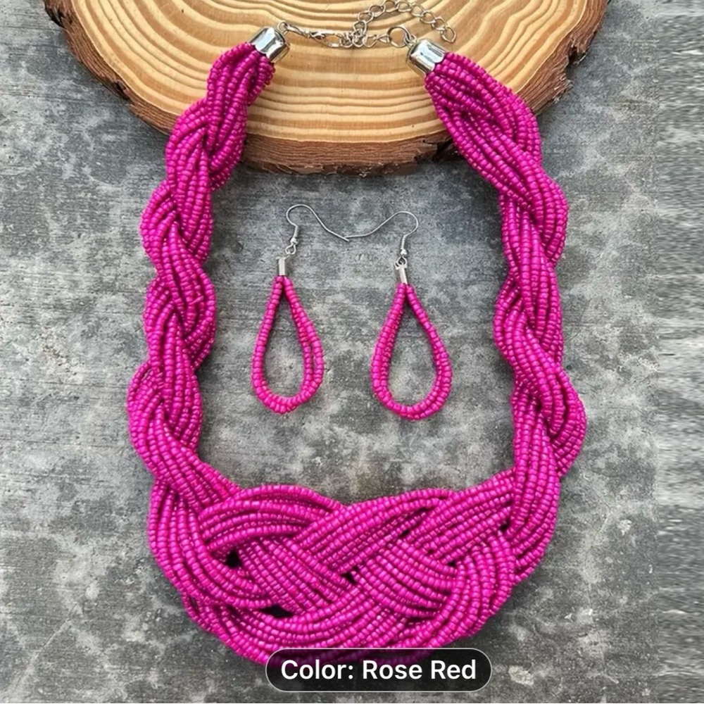 Boho style beaded necklace & drop hook earrings set